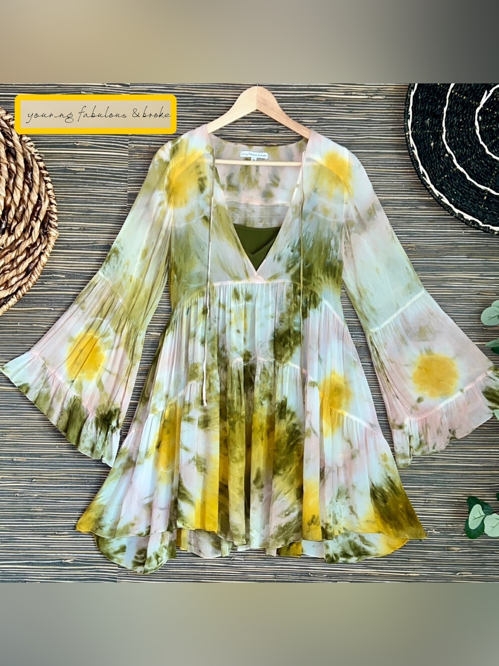 NWT Young Fabulous & Broke Rosa TieDye Tiered Mini Dress Small Bell Sleeve